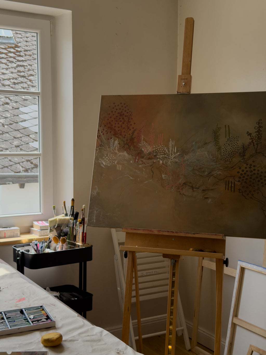 Abstraktes Original-Gemälde "grounding", erste Arbeit der Werkreihe Series 1, Acryl und Öl Pastelle auf Leinwand
