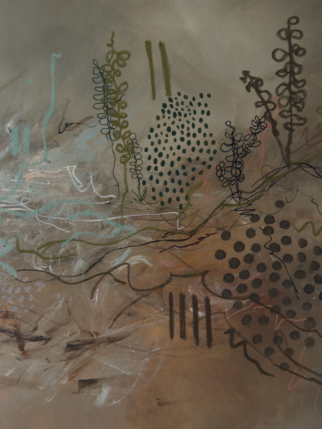 Abstraktes Original-Gemälde "grounding", erste Arbeit der Werkreihe Series 1, Acryl und Öl Pastelle auf Leinwand