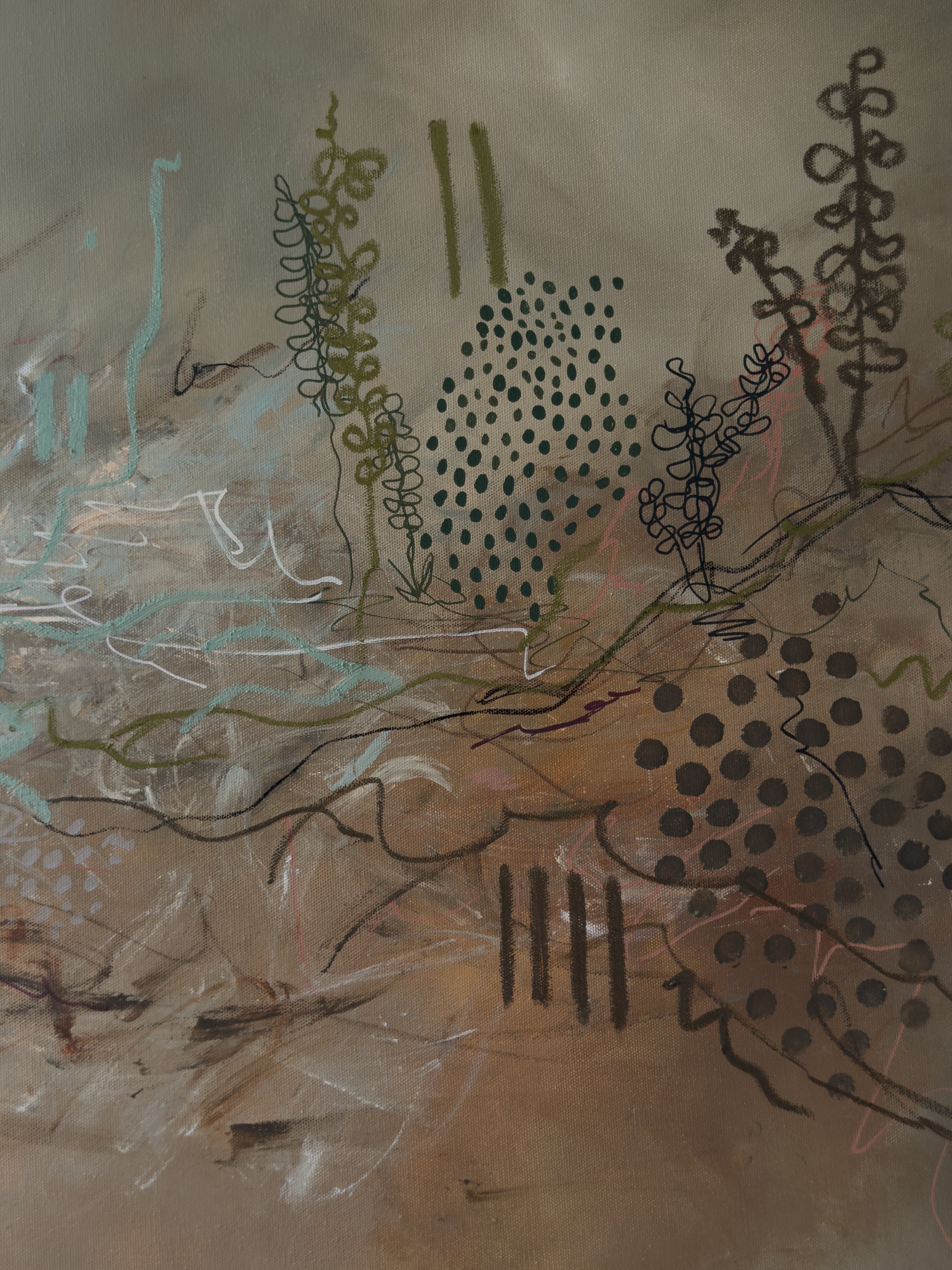 Abstraktes Original-Gemälde "grounding", erste Arbeit der Werkreihe Series 1, Acryl und Öl Pastelle auf Leinwand