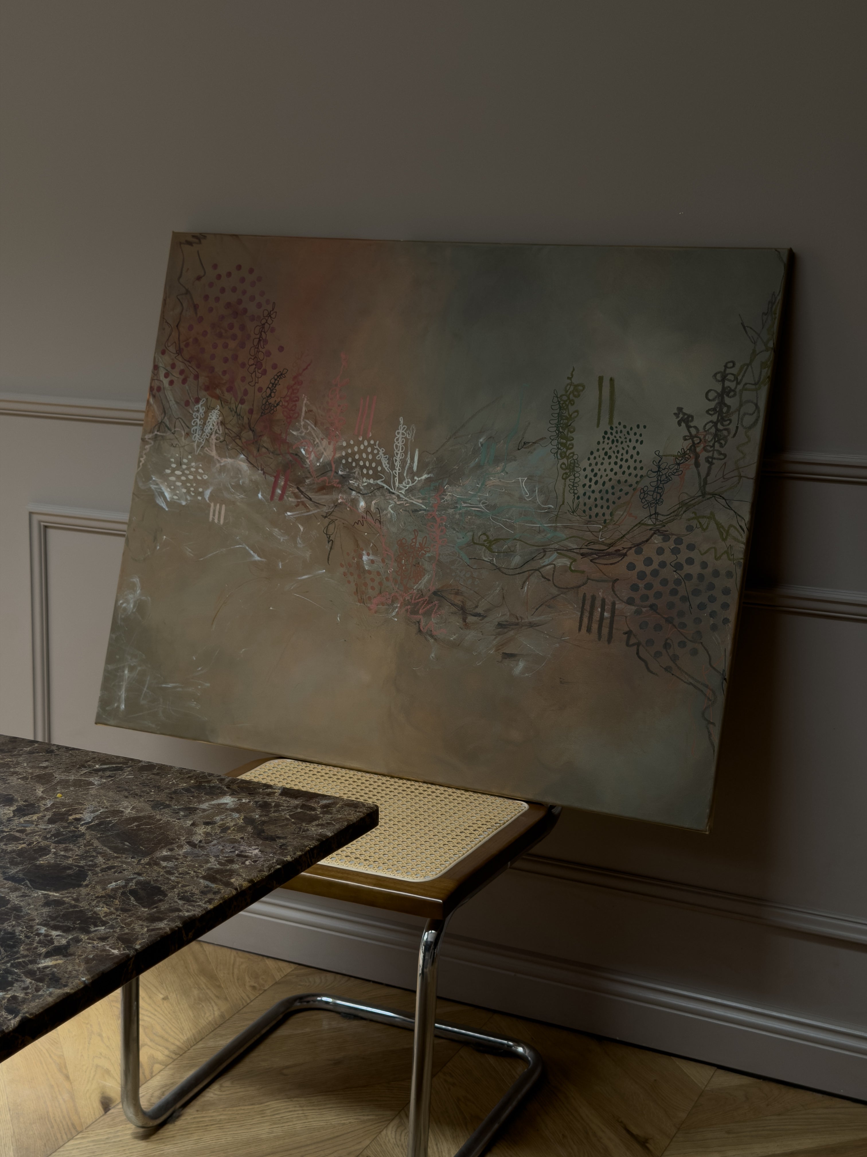 Abstraktes Original-Gemälde "grounding", erste Arbeit der Werkreihe Series 1, Acryl und Öl Pastelle auf Leinwand