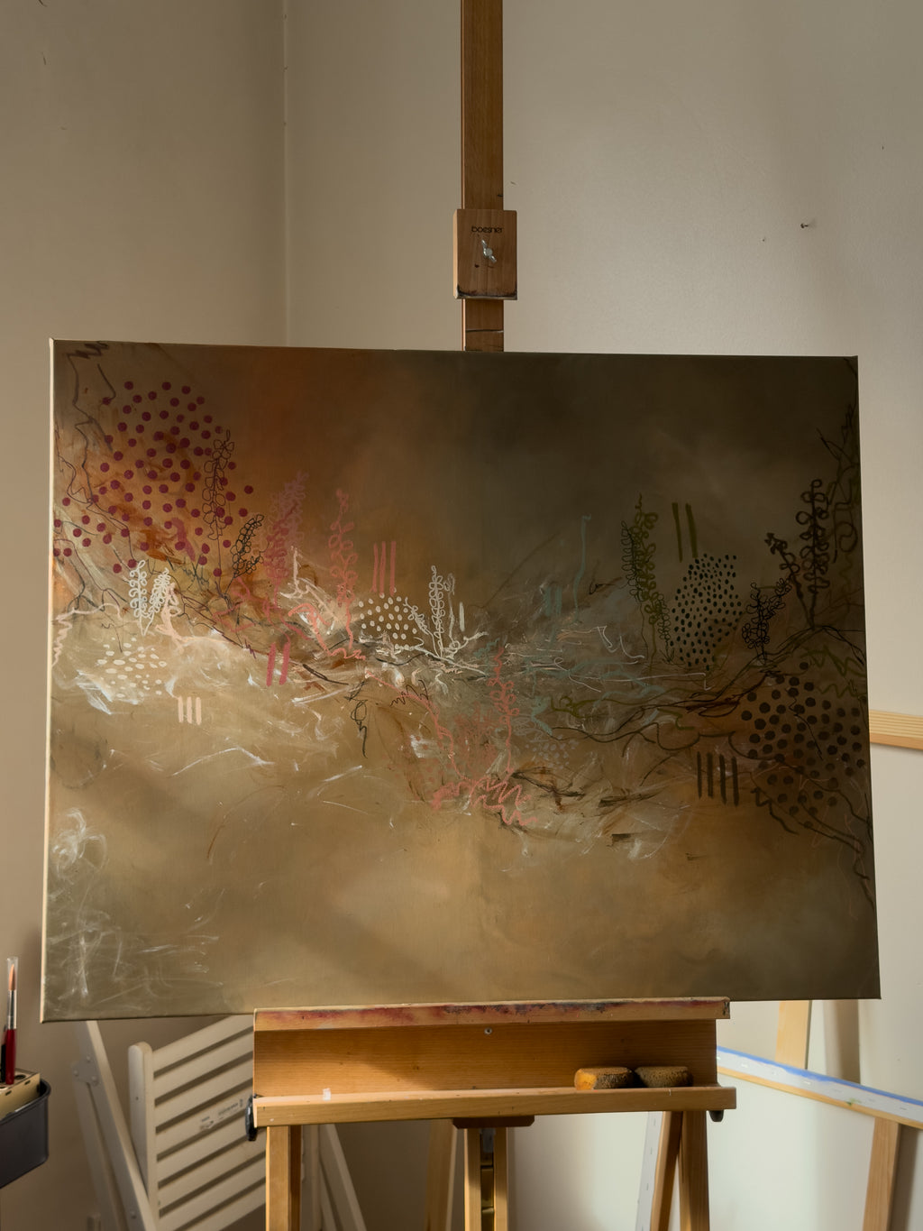 Abstraktes Original-Gemälde "grounding", erste Arbeit der Werkreihe Series 1, Acryl und Öl Pastelle auf Leinwand
