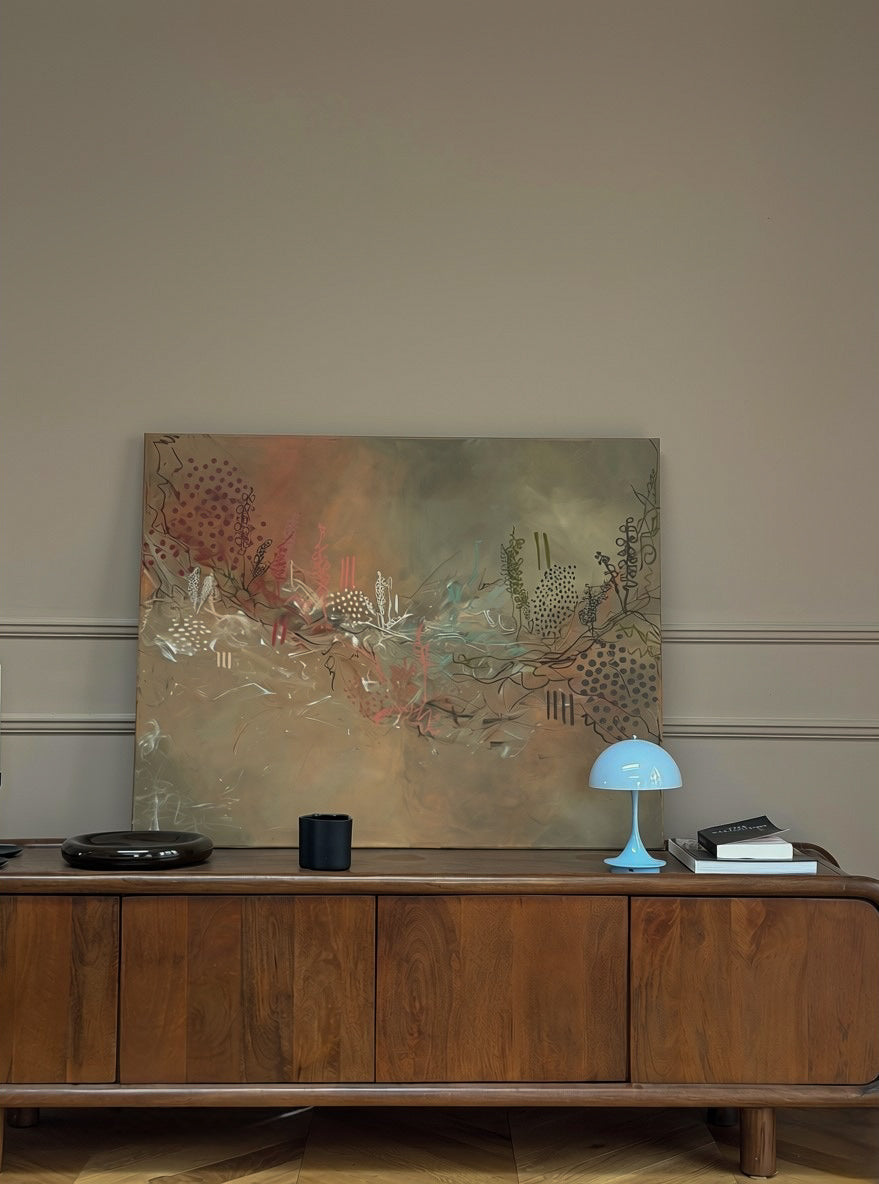 Abstraktes Original-Gemälde "grounding", erste Arbeit der Werkreihe Series 1, Acryl und Öl Pastelle auf Leinwand