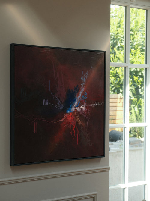 Abstraktes Original-Gemälde "sea of burgundy" in Burgundy-Tönen, Acryl und Öl Pastelle auf Leinwand