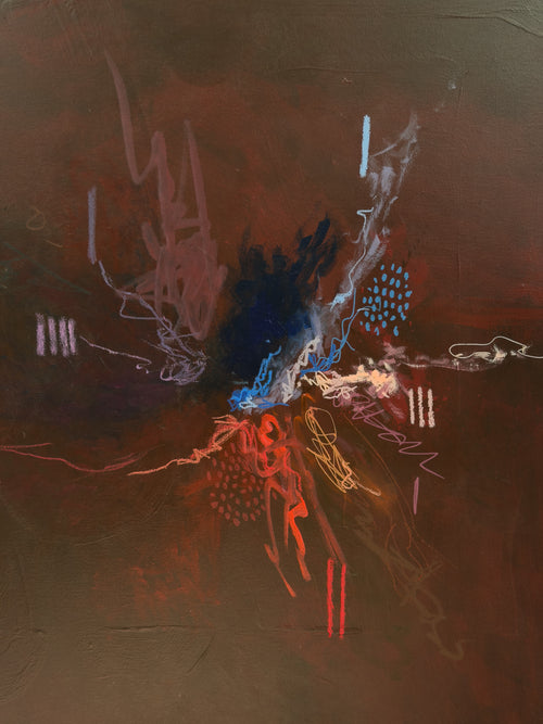 Abstraktes Original-Gemälde "sea of burgundy" in Burgundy-Tönen, Acryl und Öl Pastelle auf Leinwand, close up