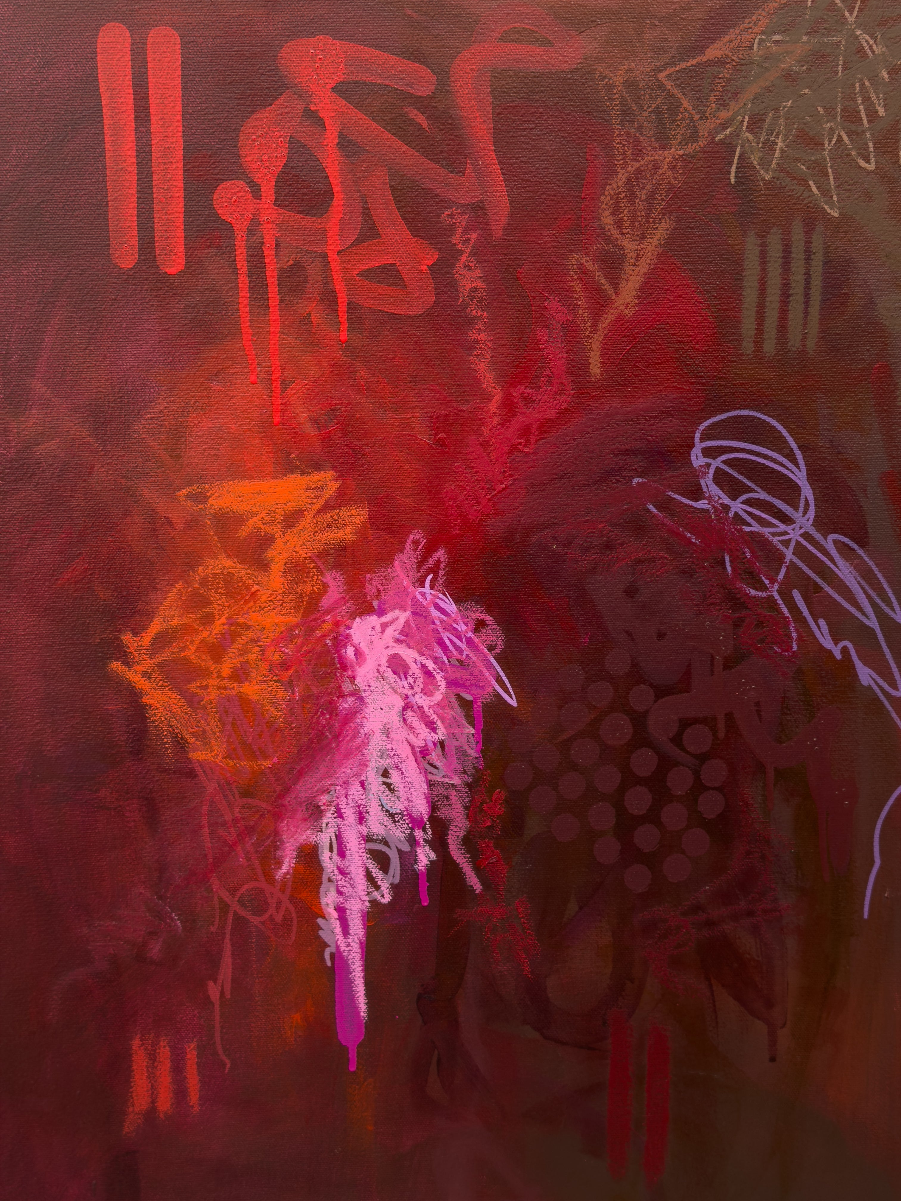 Abstraktes Original-Gemälde "still burning" in warmen Rot-, Orange- und Rosatönen